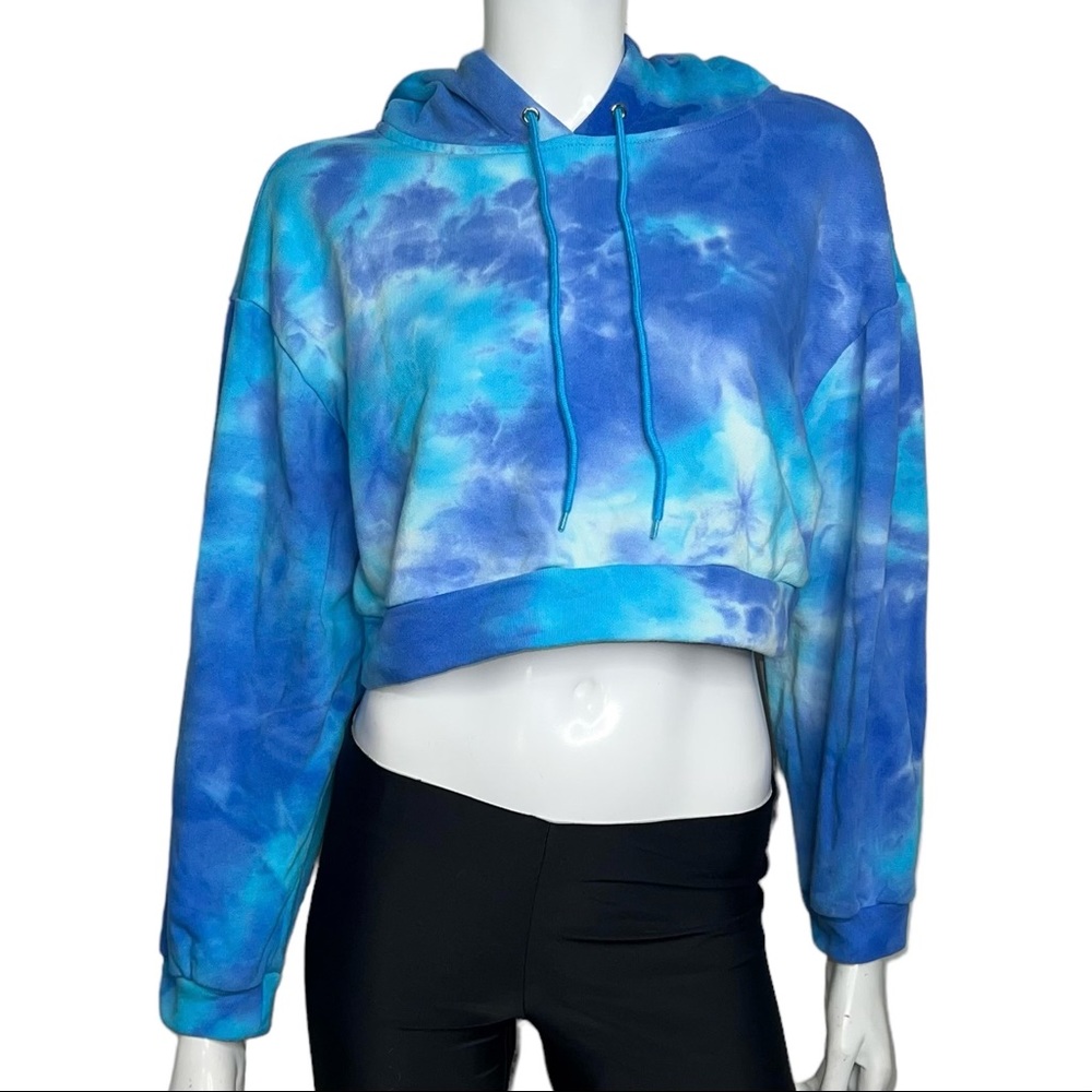 🤑5/$25 M.N.I Los Angeles Tie-Dye Cropped Blue 100% Cotton Hoodie Sweatshirt